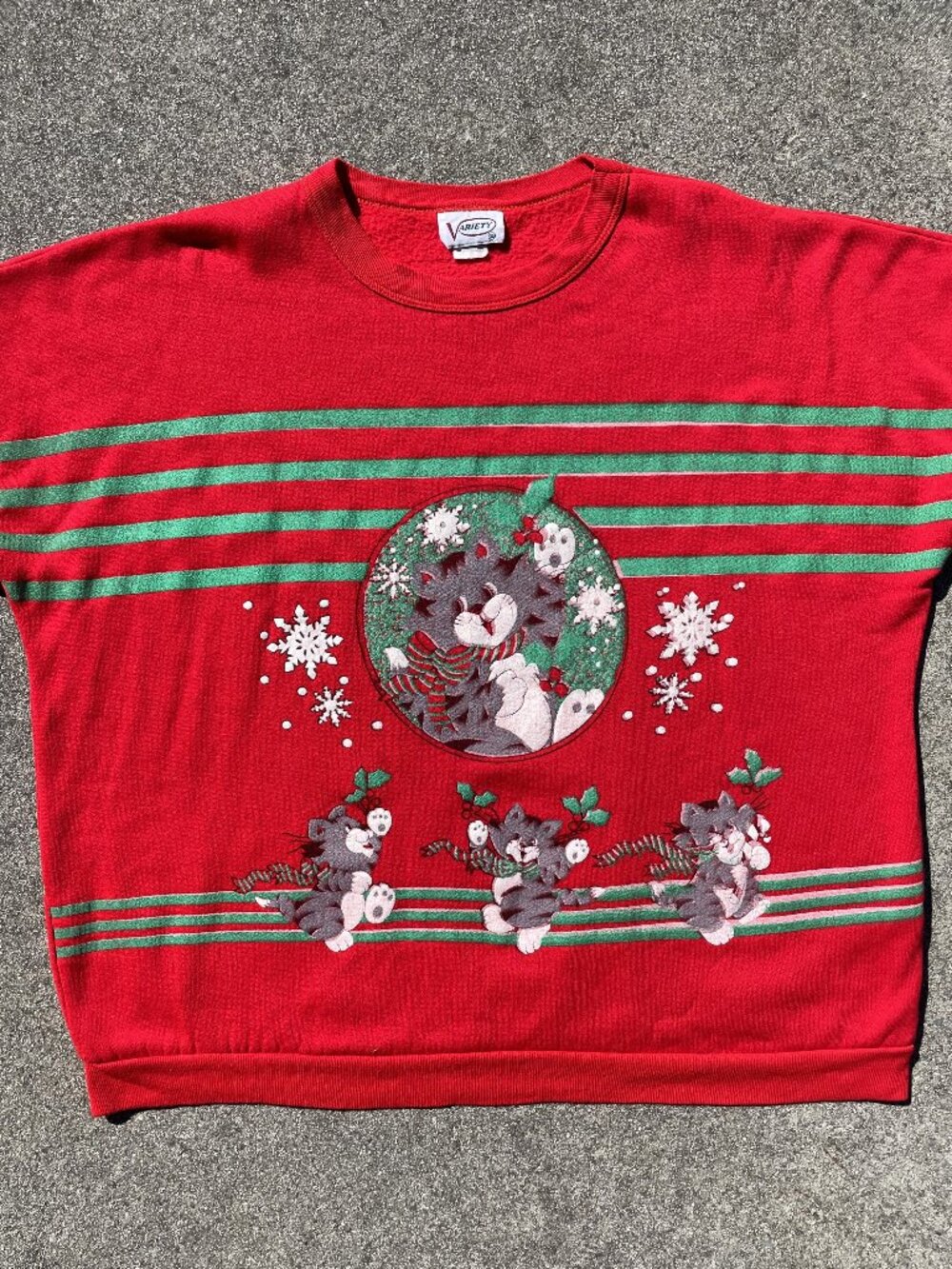 Vintage 80's Christmas Cat Sweatshirt Sweater Red Kitten Holiday Puff Print L US
